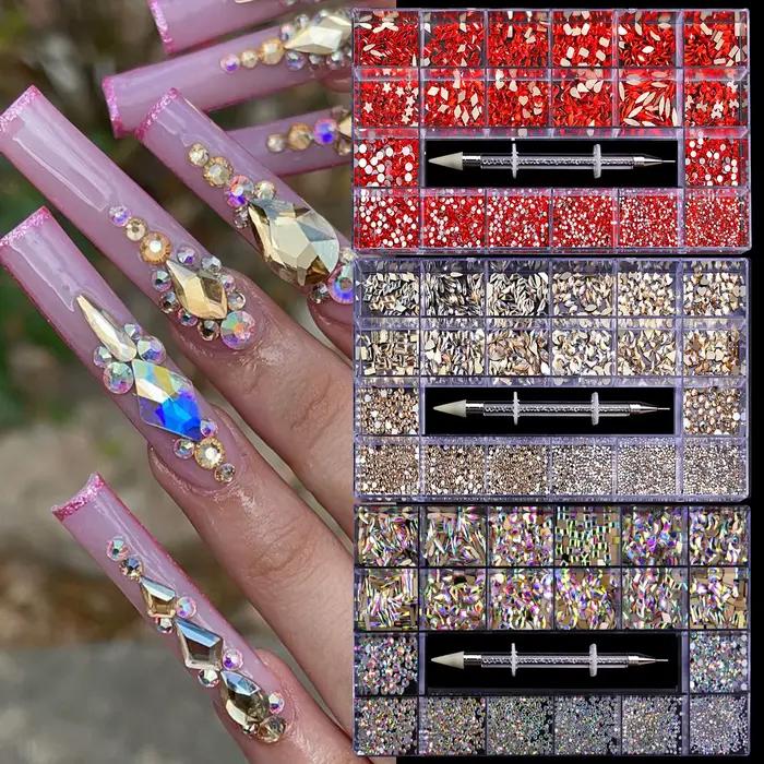 Verre de champagne rouge cristal diamant plat strass Nail Art décoration 21 grille boîte ongles acce