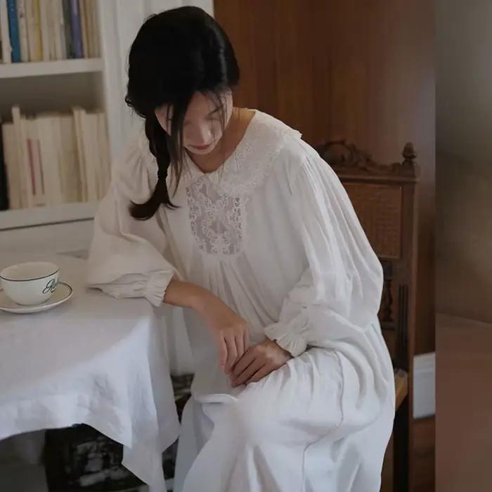 Chemises de nuit pour femmes 100% coton à manches longues, style princesse, avec dentelle, col rabattu, blanches, longues jusqu'aux chevilles, amples