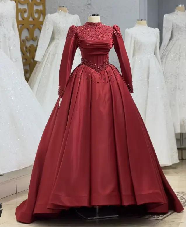 Robe de soirée arabe luxueuse bordeaux, ornée, à manches longues, robe de mariée musulmane, robe de