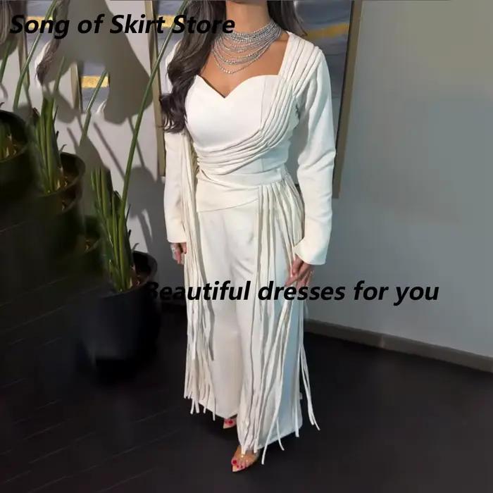 Robe de soirée élégante à col cœur, manches longues, drapée, avec franges, longueur ras du sol, pour invitée de mariage ou bal de promo, personnalisable pour femme