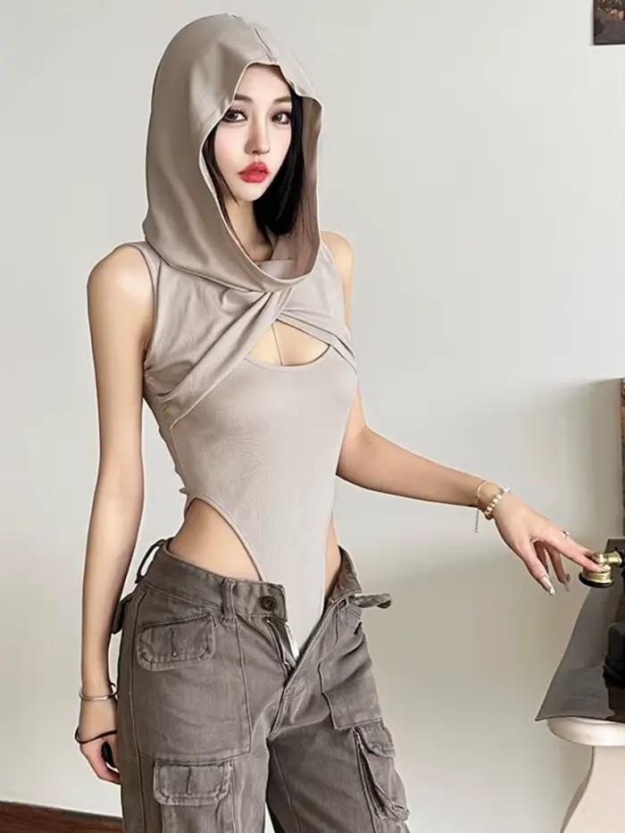 Body à capuche évider Lingerie corps Sexy Feminino sans manches une pièce Lenceria Femenina coupe ajustée haut Sexy femmes Streetwear