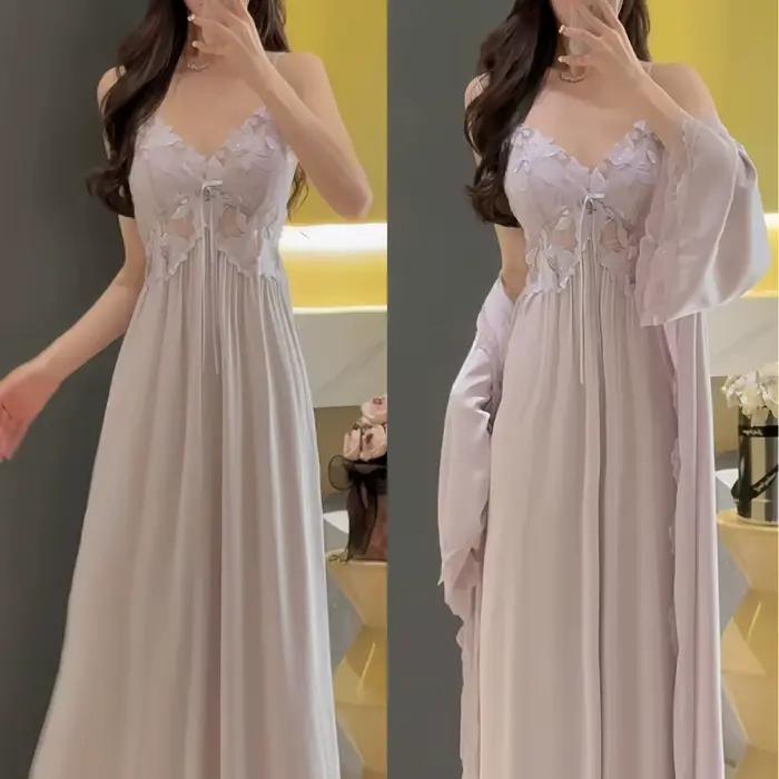 Ensemble de Robe Longue pour Femme, Chemise de Nuit Élégante en Satin Soyeux, Vêtements de Nuit et d'Intérieur, Lingerie Sexy en Dentelle Évidée, Tenue de Détente