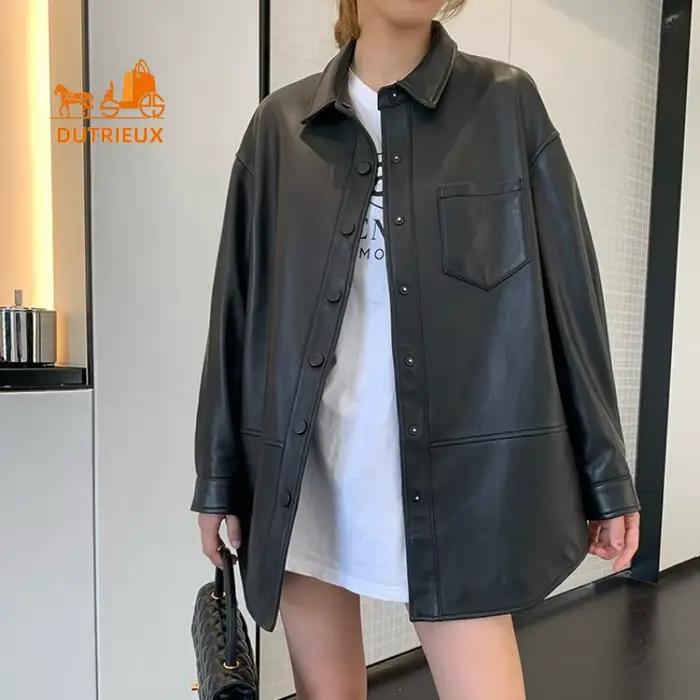 Veste en cuir véritable de style chemise mi-longue pour femme, manteau élégant et doux, 100% peau de