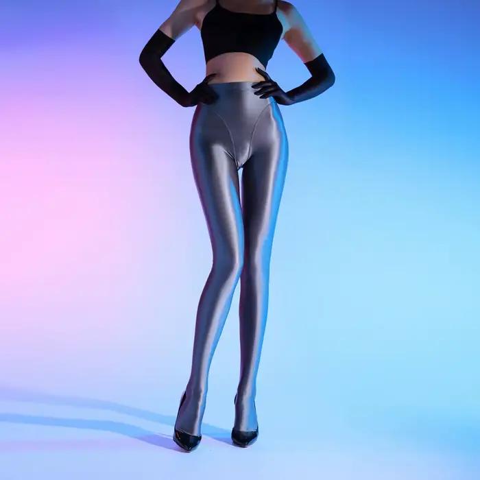 Sexy femmes 80D ouvert entrejambe transparent voir à travers l'huile brillant bas Sexy serré Yoga bas façonnage collants