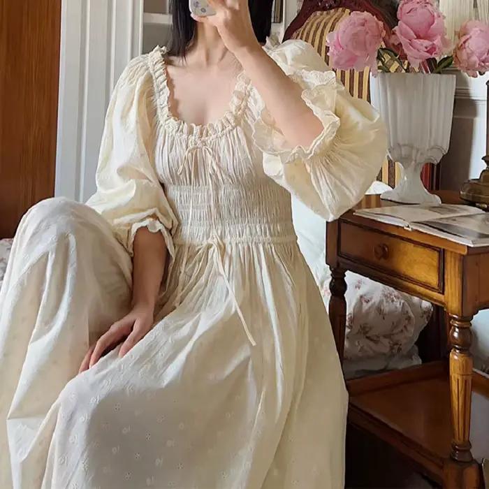 Vysoce kvalitní Vintage měkké čisté bavlněné dlouhé noční košile pro ženy dlouhý rukáv elegantní pohodlné výšivky volné noční košile