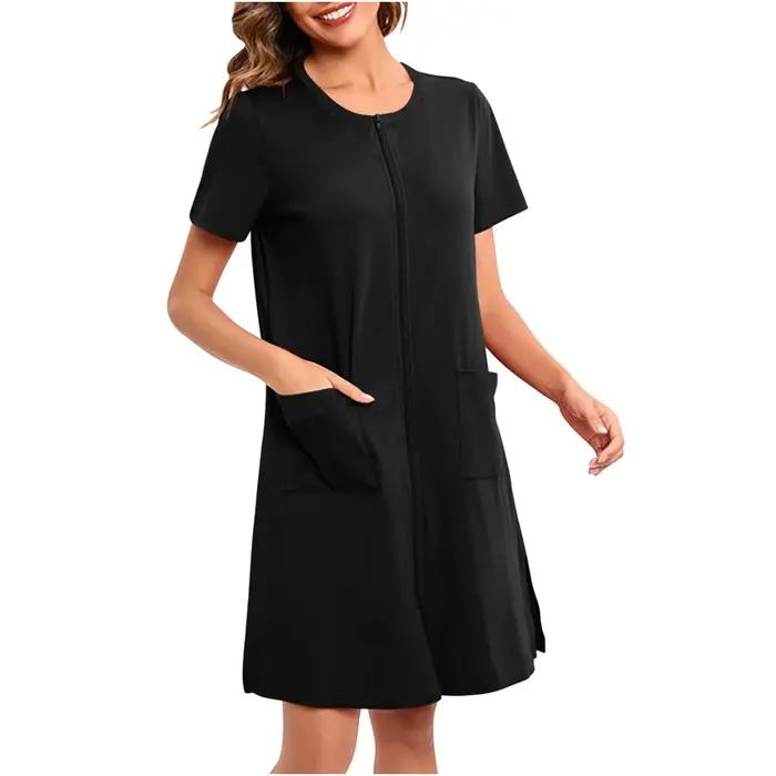 Chemise de nuit zippée sur le devant pour femmes, chemise de nuit à manches courtes, col rond, robe de pyjama courte avec poches, vêtements de nuit At Fit, 2024