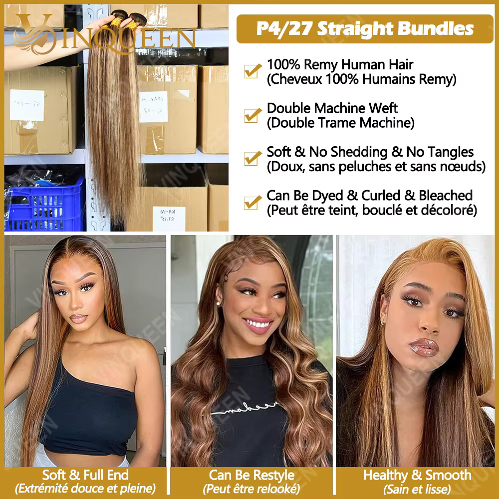 Highlight Tissage Cheveux Humains P4/27 Meche Tissage Humain Hair 12A Tissage Brésilien Raw Haïr Bun