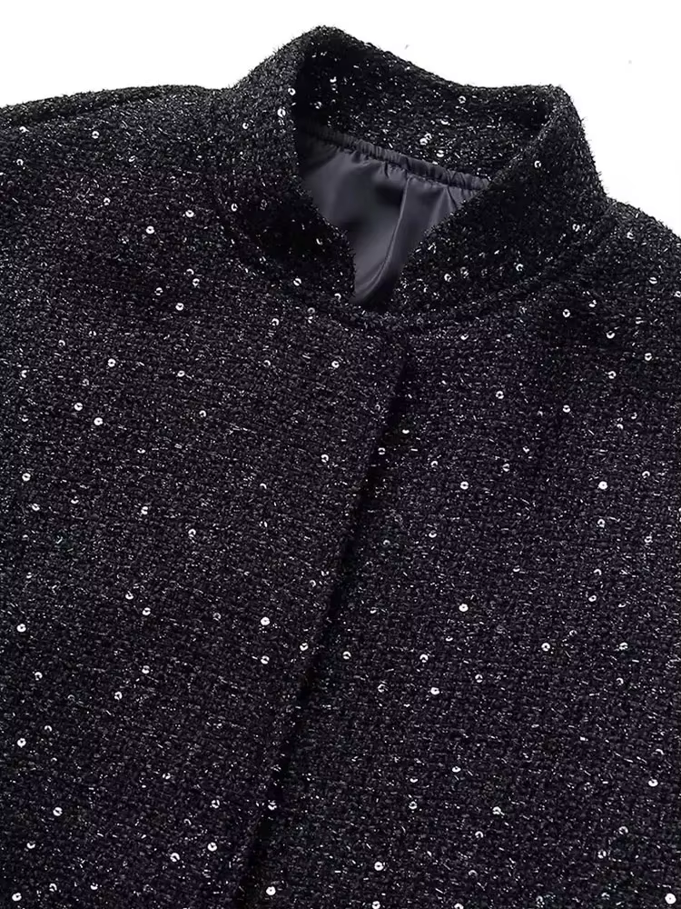 Nlzgmsj – veste à paillettes brillantes pour femme, manteau court à manches longues et col montant,