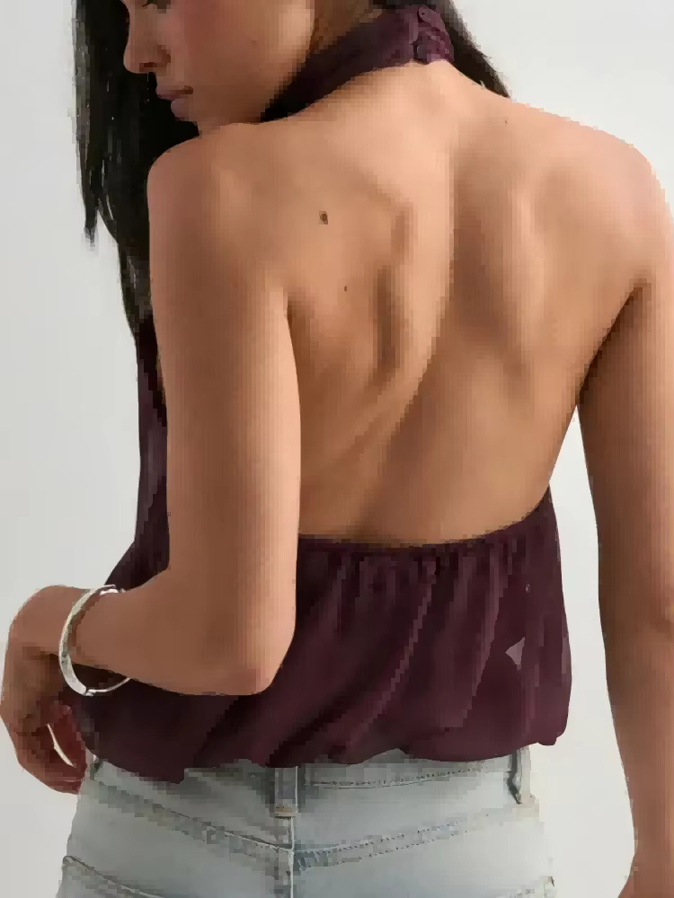 Haut élégant pour femmes, col licou, dos nu, couleur unie, haut sexy à épaules dénudées, haut pour s