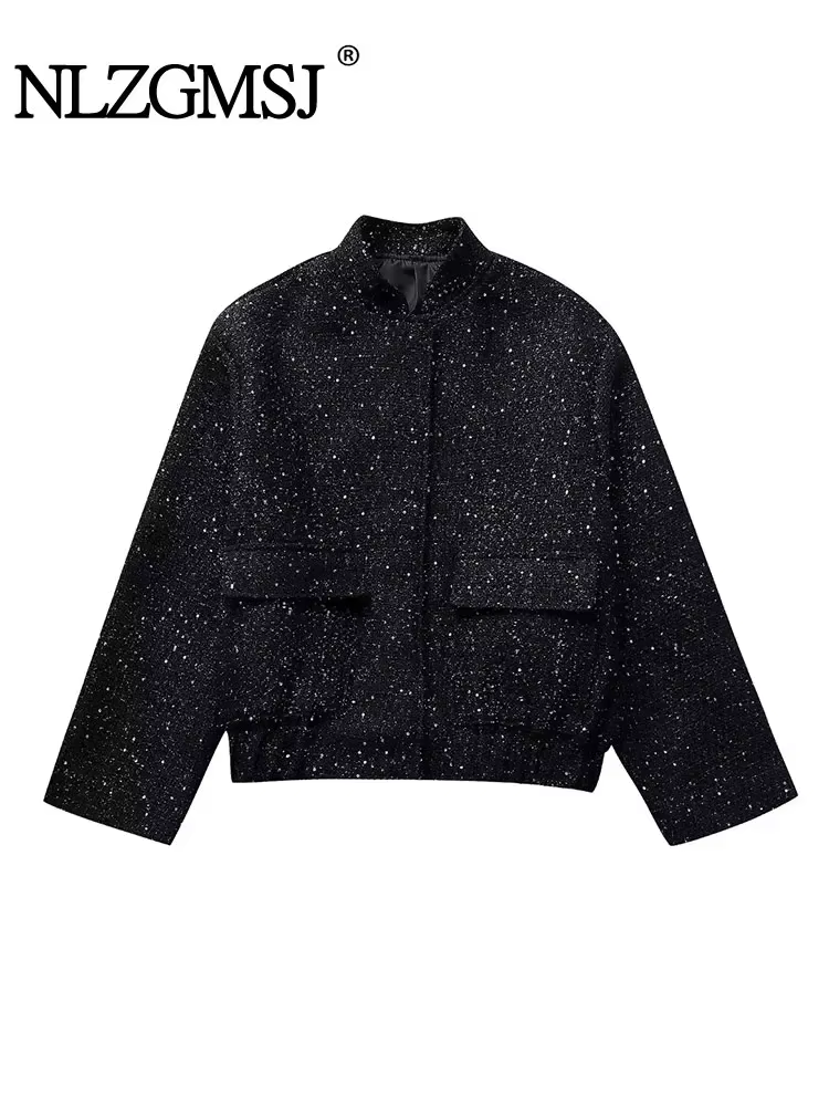 Nlzgmsj – veste à paillettes brillantes pour femme, manteau court à manches longues et col montant, 