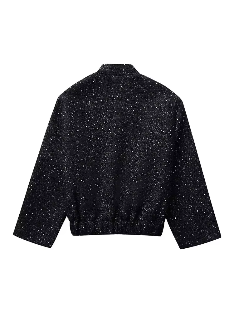 Nlzgmsj – veste à paillettes brillantes pour femme, manteau court à manches longues et col montant,