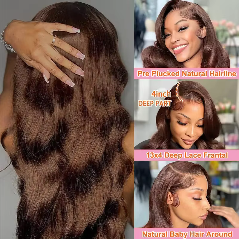 Perruque frontale HD sans colle de 34 pouces, en cheveux humains vierges brésiliens, couleur brun ch