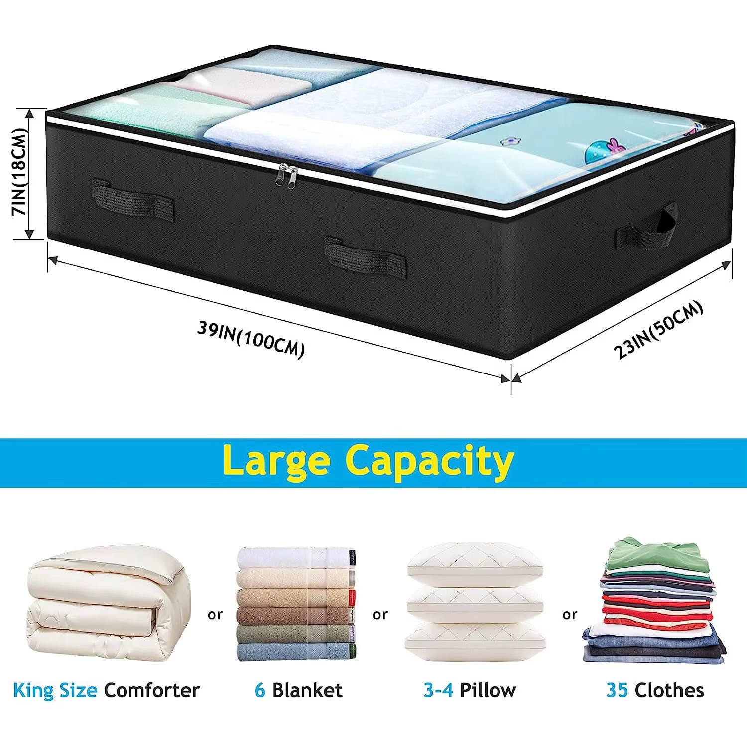 Conteneurs de rangement pliables sous le lit, avec fenêtre transparente, organisateurs de jouets sou