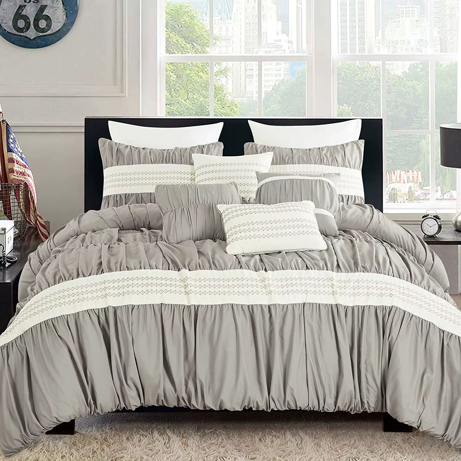 Ensemble de couette Queen de luxe gris, microcarence rayée, polyester, 7 pièces