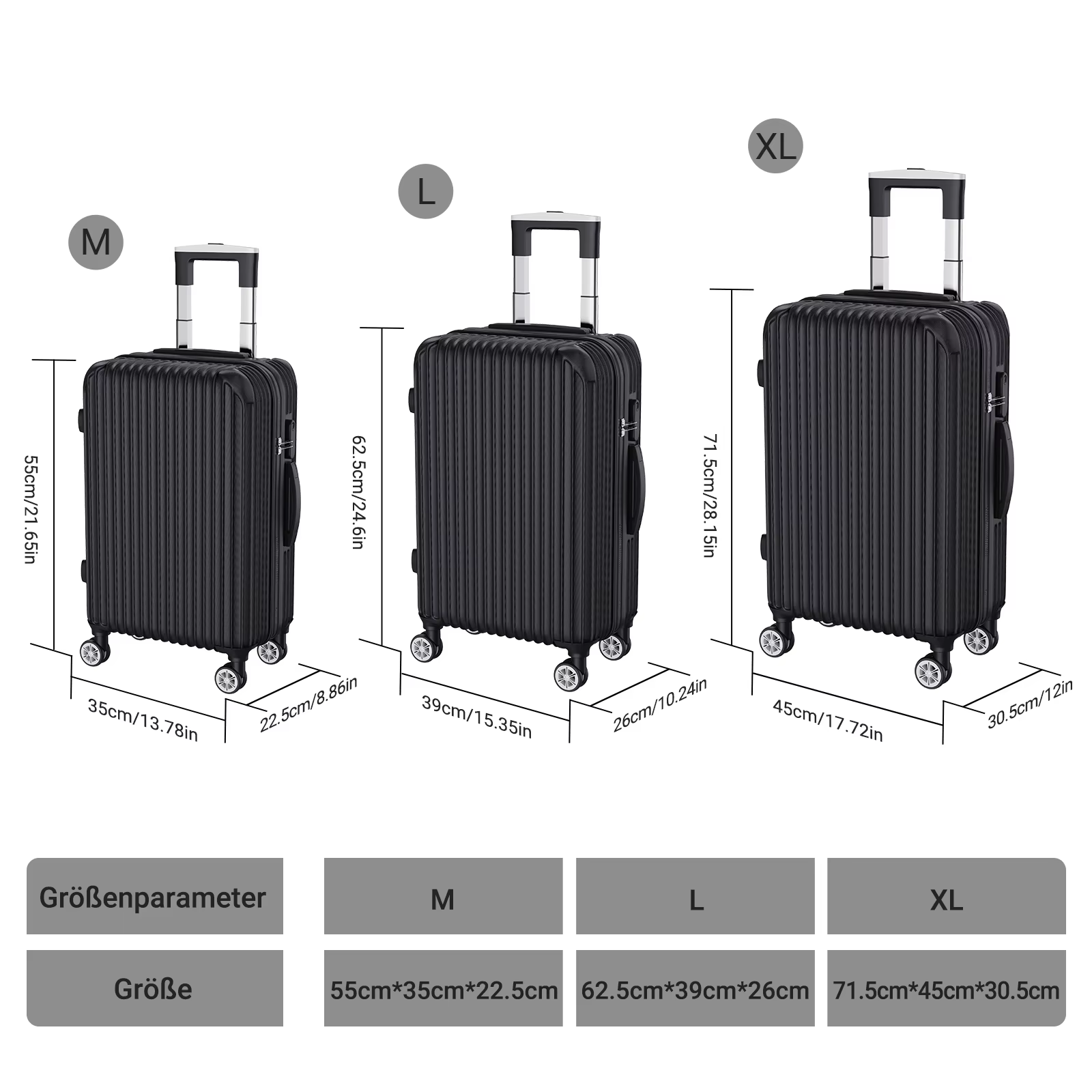 Set de 3 valises rigides ABS, bagage cabine, trolley voyage, 4 roues 360°, M 20'' L 24'' XL 28'', se