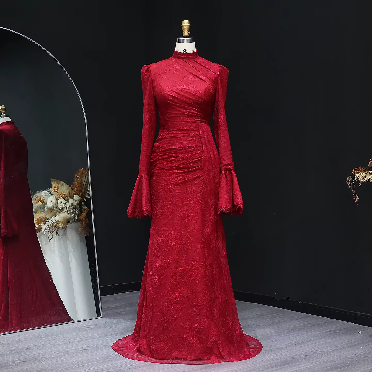 Sharon Said-Robe de soirée bordeaux à col haut pour femme, manches longues évasées, dentelle, robe d