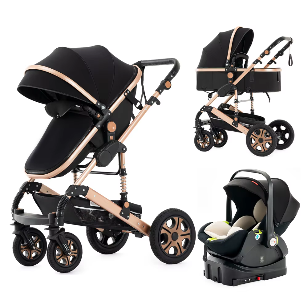 Poussette combinée avec siège auto pour nouveau-né avec base Isofix, poussette 3 en 1 réversible pou
