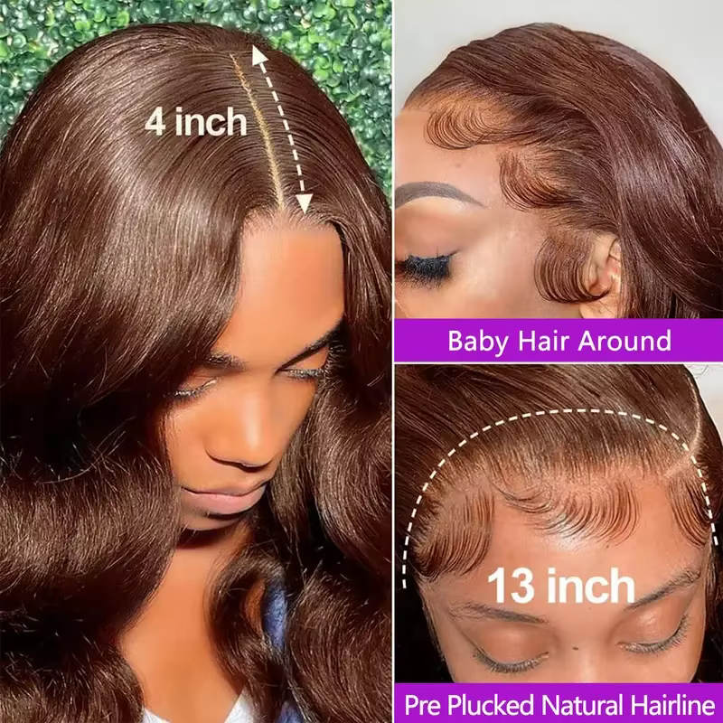 Perruque frontale HD sans colle de 34 pouces, en cheveux humains vierges brésiliens, couleur brun ch