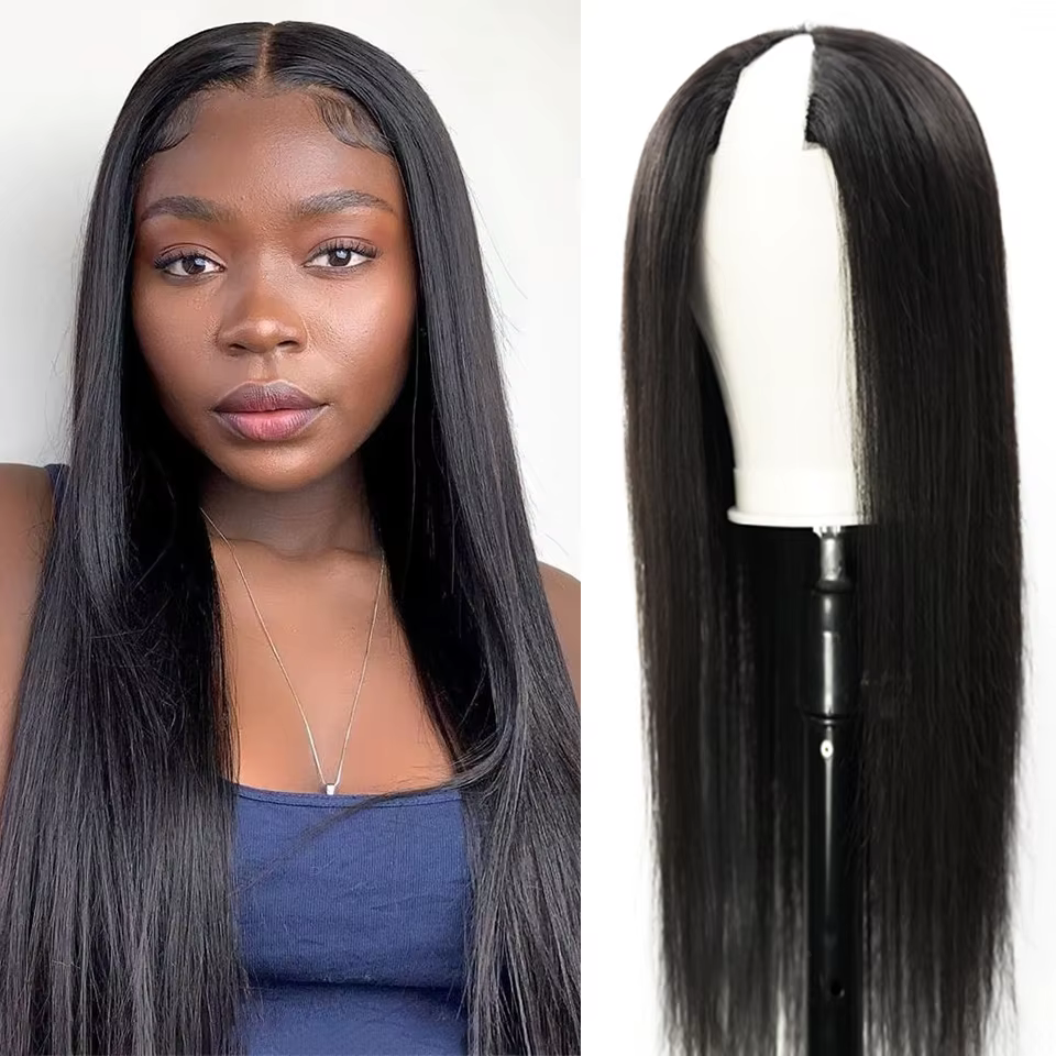 Perruque droite en V U pour femme, cheveux humains, sans laisser de côté, partie fine, densité 250,