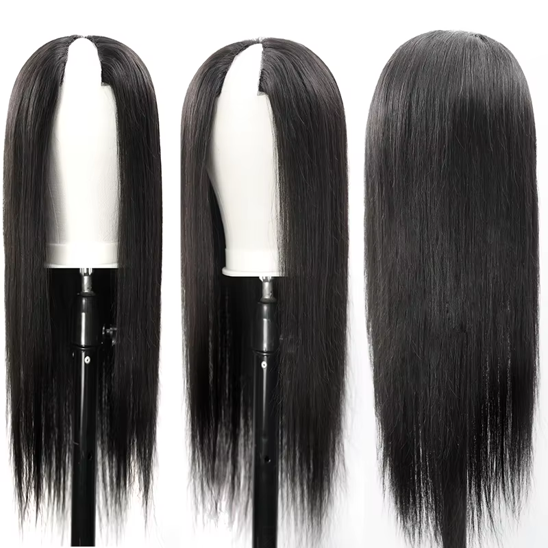 Perruque droite en V U pour femme, cheveux humains, sans laisser de côté, partie fine, densité 250,
