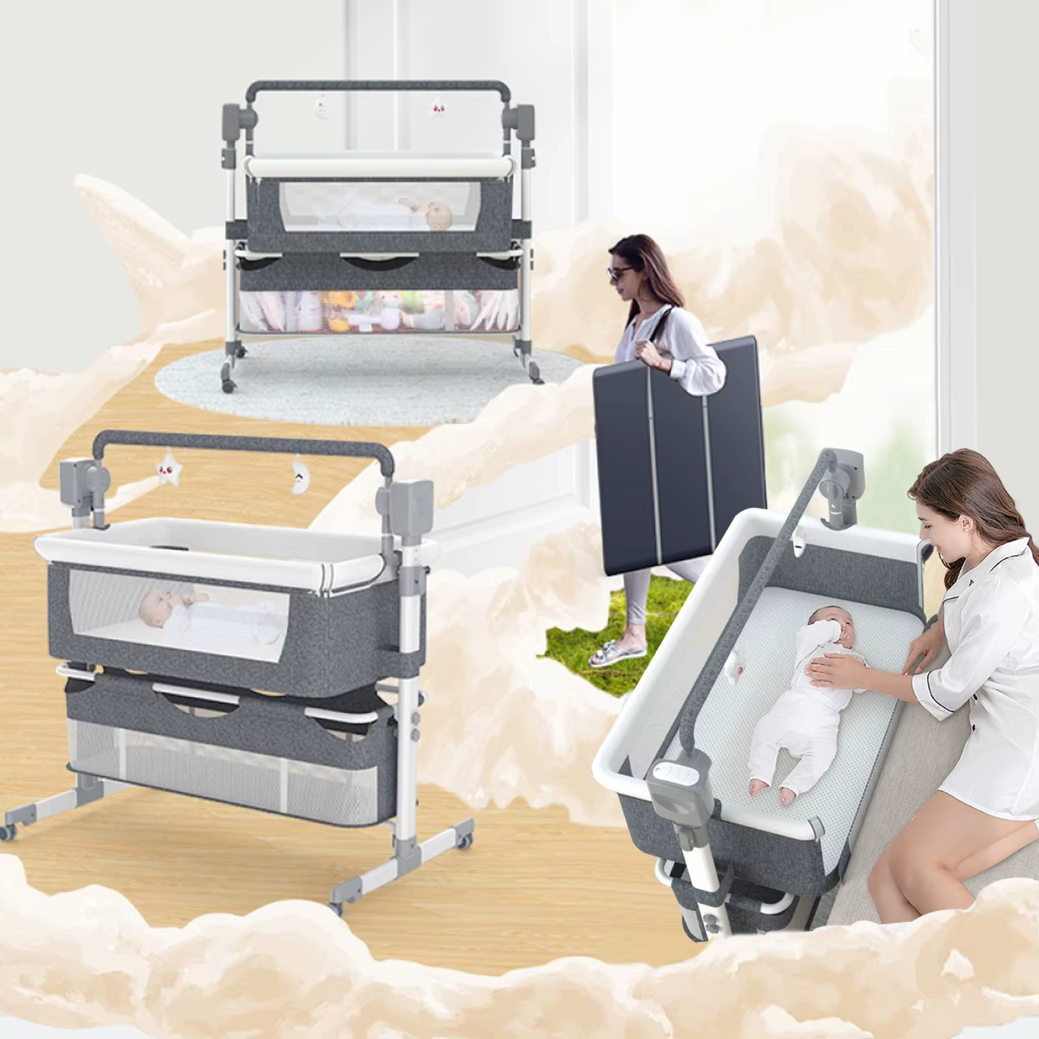 Moussinet pour bébé, moulinet à bascule automatique avec télécommande, roulettes, lit de chevet pour