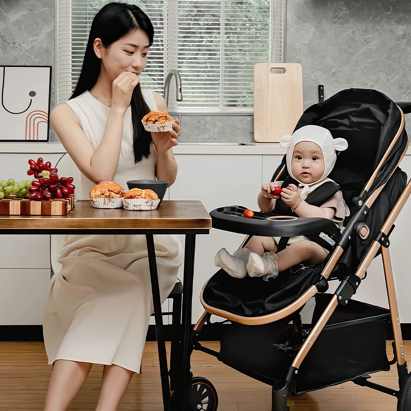 OWJHE Poussette de luxe 3 en 1 pour bébé, neuve, portable, voyage, pliable, cadre en aluminium, pous