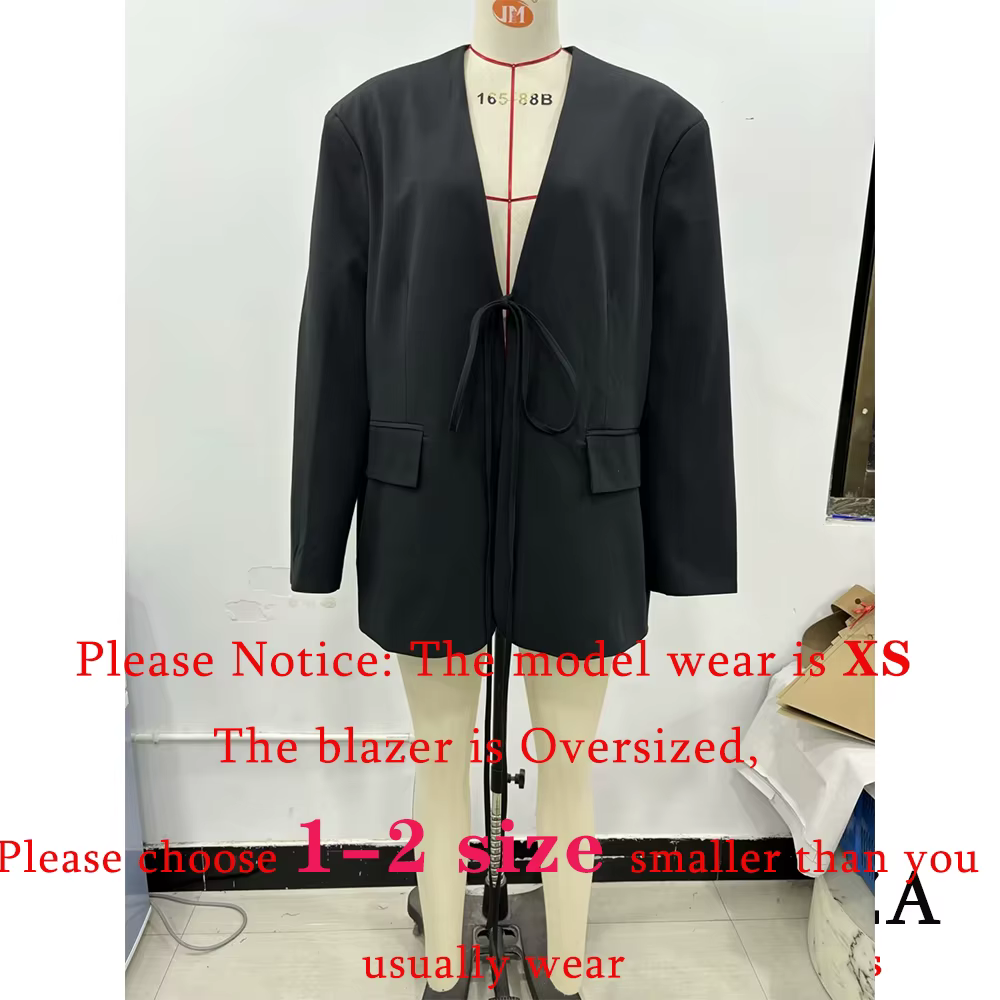 KONDALA décontracté surdimensionné noir Blazer femmes col en V nœud papillon poches vestes amples mo