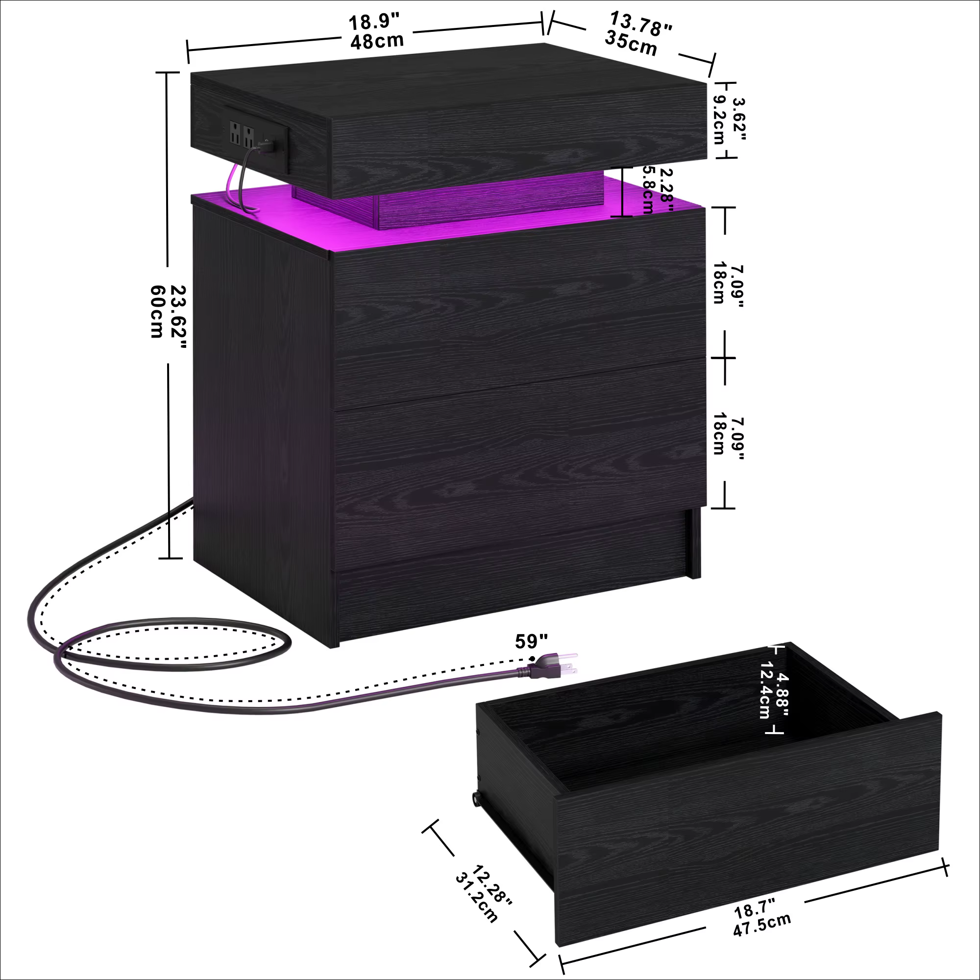 LIKIMIO-Table de chevet avec station de charge, table de chevet moderne avec lumière LED et égouts d