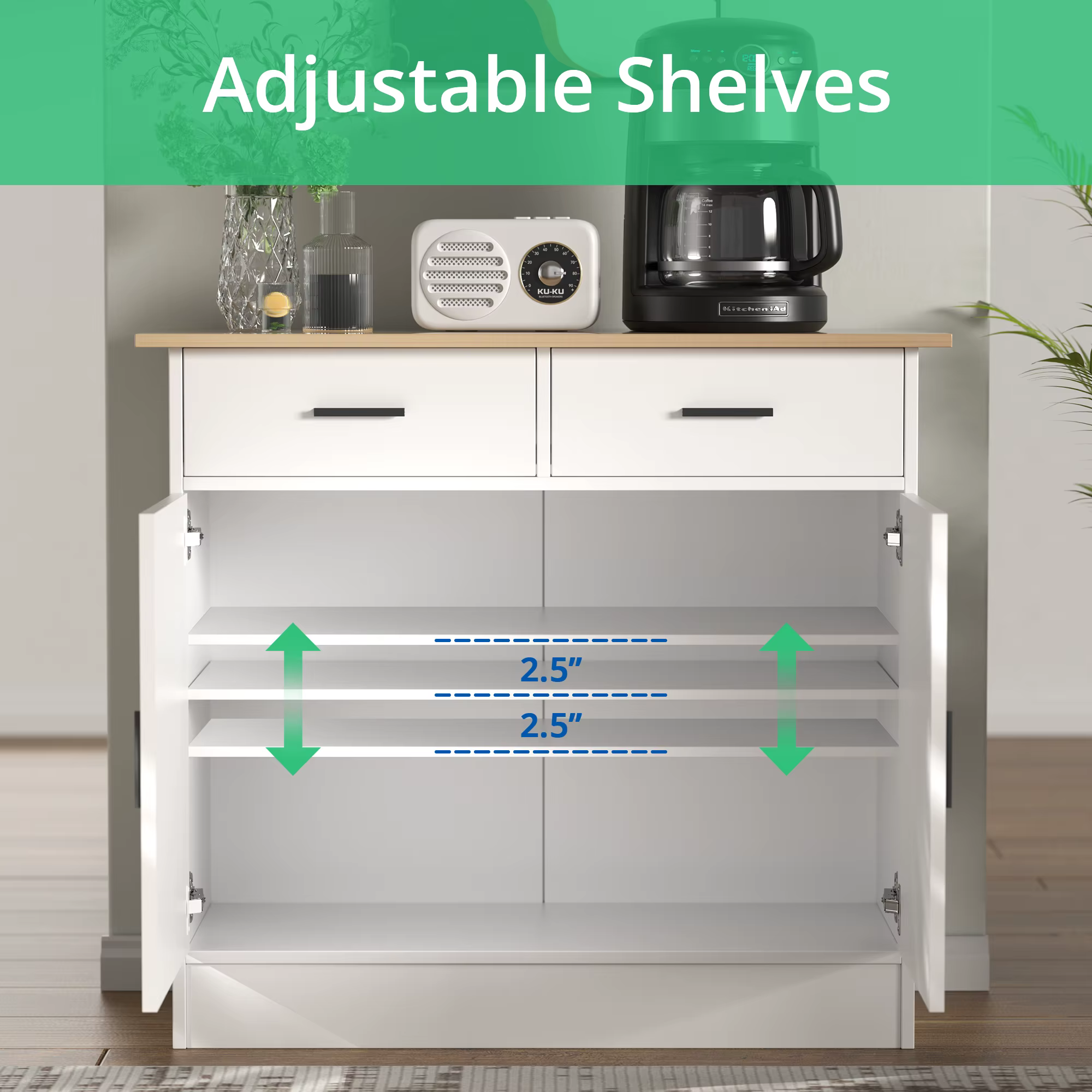 Armoire de rangement de planche avec portes, tiroirs de proximité et étagère flexible, buffet de tab