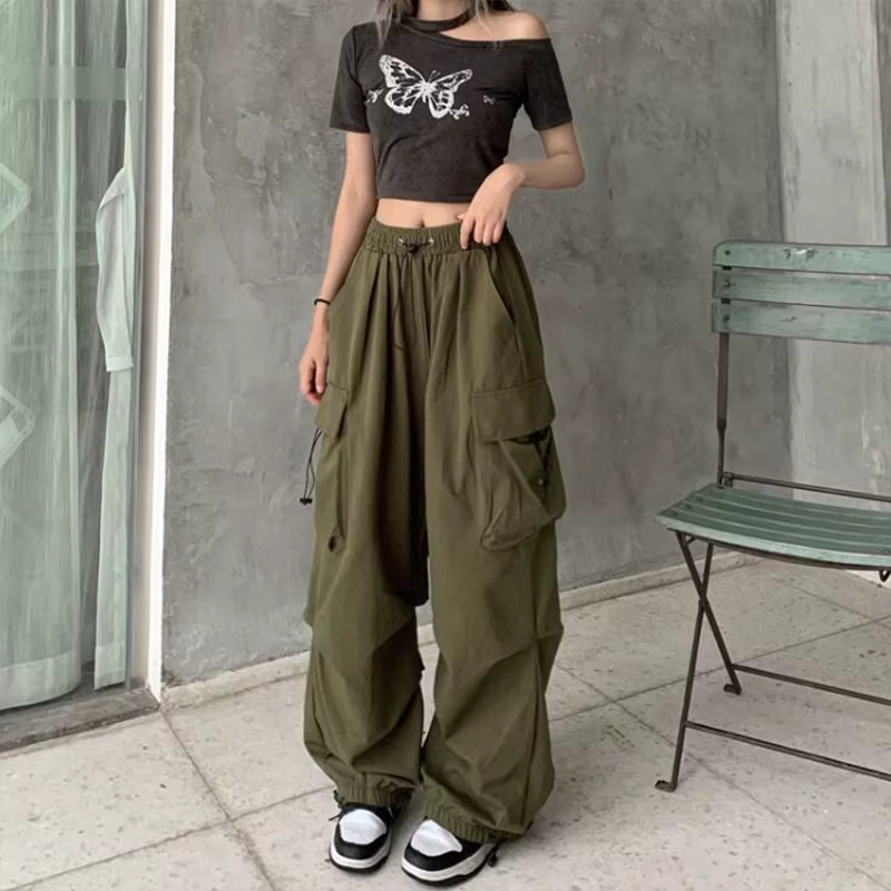 Pantalon Cargo Baggy décontracté pour femmes, couleur unie, taille basse, jogging, Tech, cordon de s