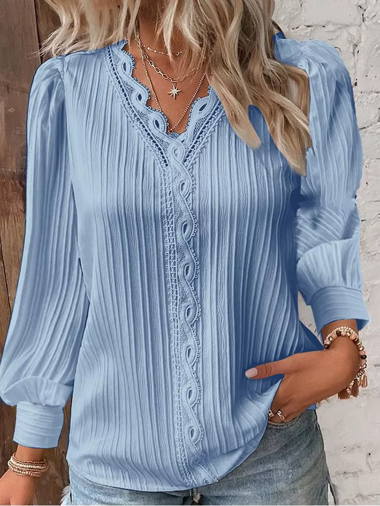 Chemise ample en dentelle pour femmes, col en v, manches longues, pull en mousseline de soie, haut d