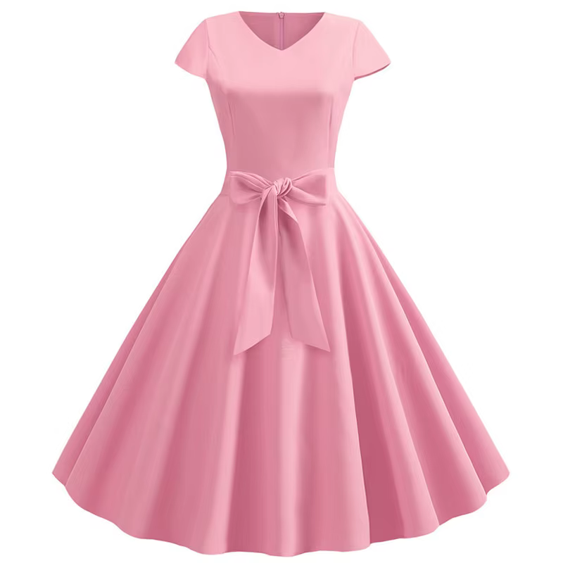 Robe d'été Vintage pour femmes, avec ceinture, manches courtes, col en V, élégante, rétro, robes de 