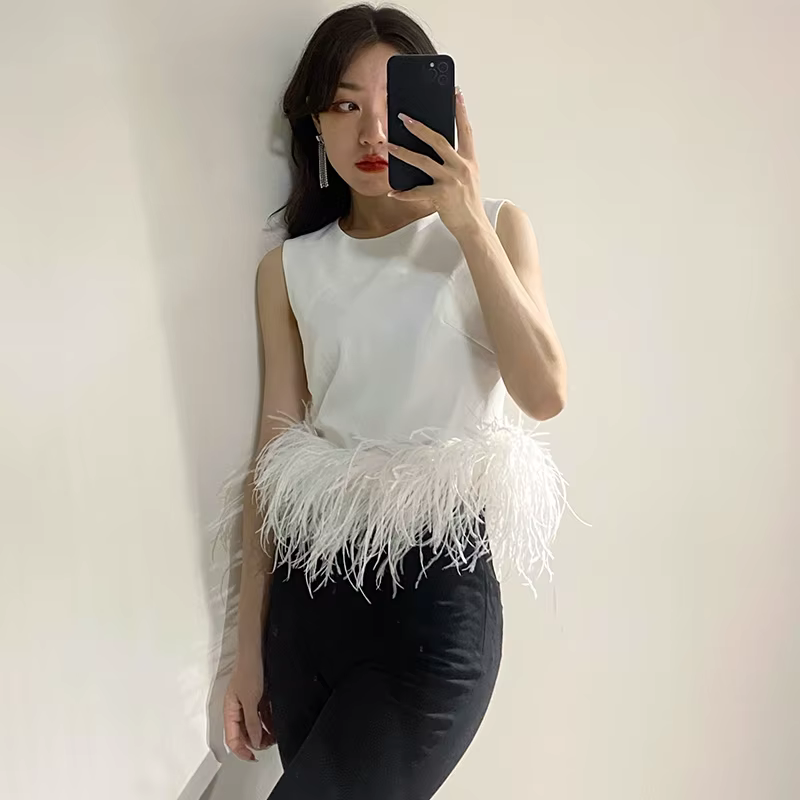 TWOTWINSTYLE noir Patchwork plumes mode coréenne petit haut femmes col rond sans manches mince hauts