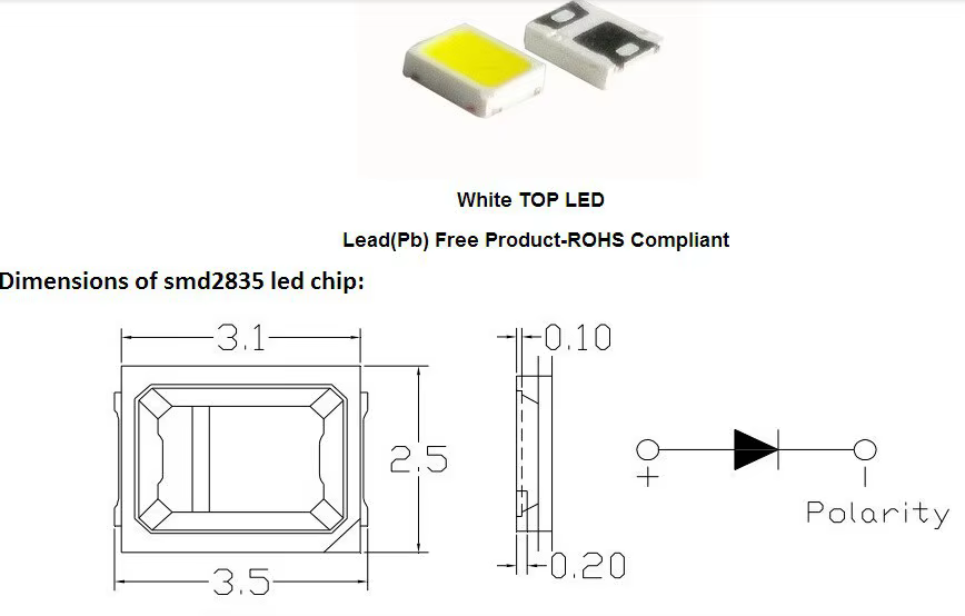 100 pièces SMD LED 2835 puce 0.5W 1W 3V 6V 9V 18V 36V 140LM 4000K perles blanches lumière blanche ch