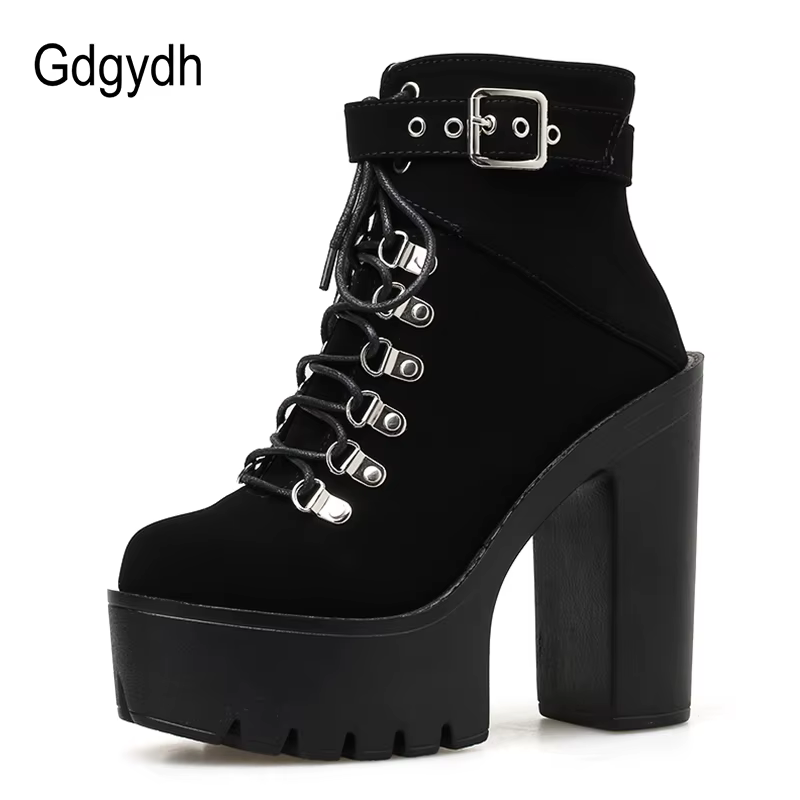 Gdgydh à lacets femmes bottes plate-forme boucle botte Cosplay chaussures talon épais automne bottes