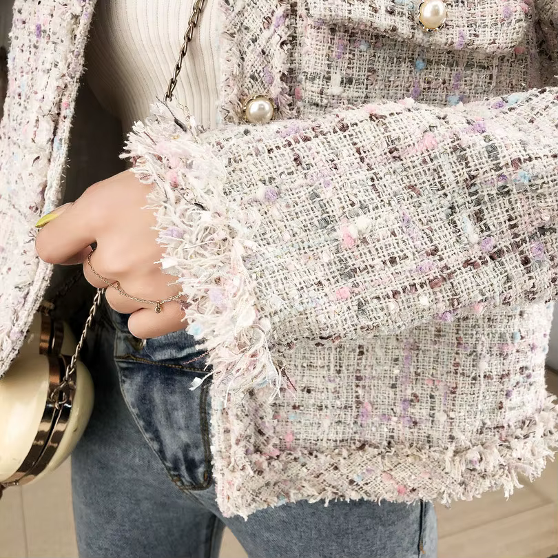 SMTHMA-Manteau en laine tweed à simple boutonnage pour femme, veste à pompon, col rond, manches long
