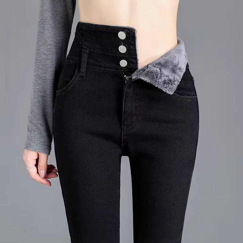 Thermique hiver épais polaire taille haute chaud jean moulant épais femmes Stretch bouton crayon pan