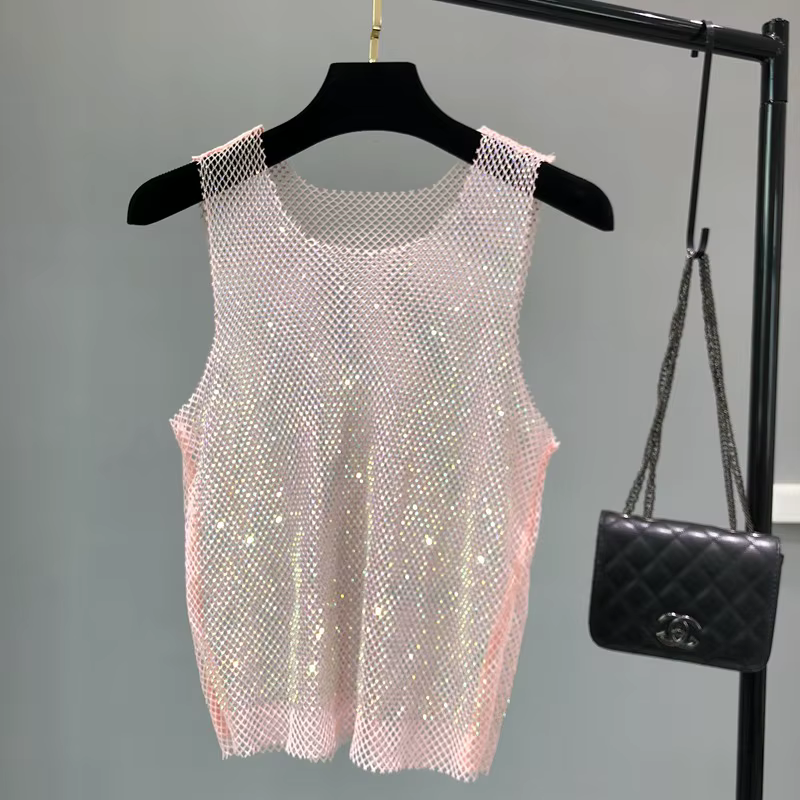Débardeur brillant avec perles en cristal, camisole d'estampage, diamant évidé, sexy, club de fête