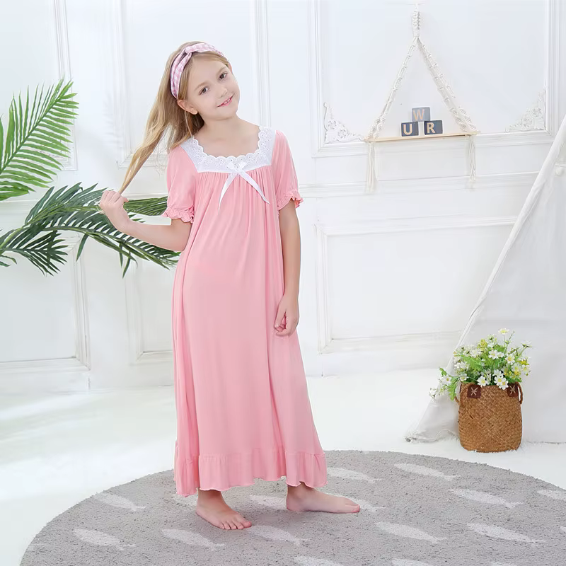 Robe de nuit en dentelle pour filles de 3 à 10 ans, chemise de nuit blanche et rose, pyjama doux pou