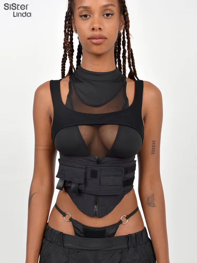 Sisterlinda-Haut moulant en maille avec fermeture éclair pour femme, ceinture multicouche, tendance 