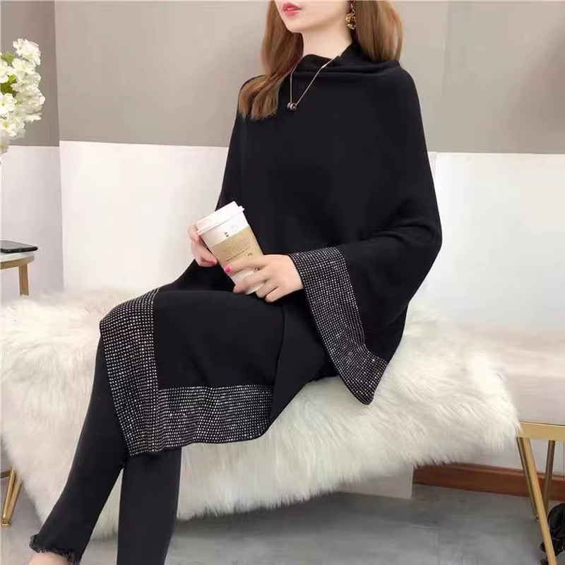 Nouvelle collection Printemps 2026 : Cape pull poncho en tricot de laine de luxe ornée de diamants, 