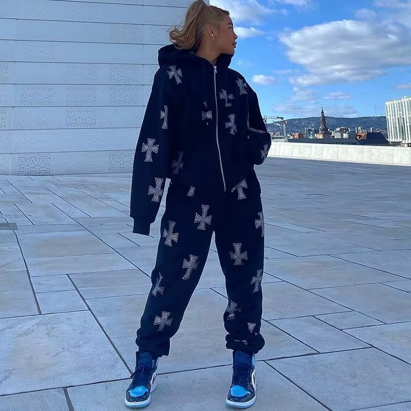 Ensemble deux pièces imprimé croix gothique pour femme, sweats à capuche et pantalons, survêtement c