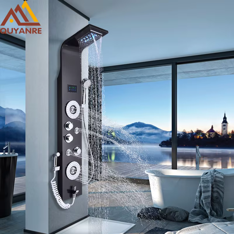 Panneau de douche LED en Nickel noir, colonne de douche à Six fonctions, cascade de pluie, Massage,