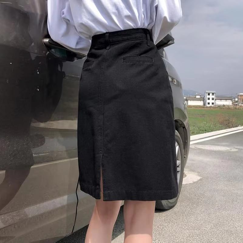 Jupe Vintage en Denim pour Femme, Vêtement de Couleur Unie, Ligne A, avec lèvent, Slim, Taille Haute
