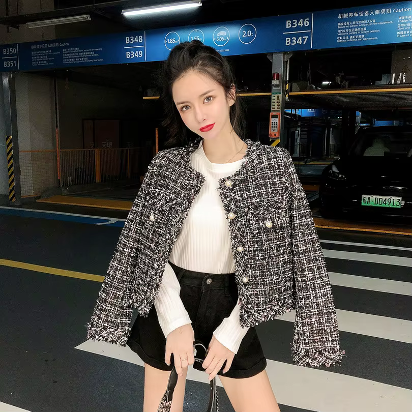 SMTHMA-Manteau en laine tweed à simple boutonnage pour femme, veste à pompon, col rond, manches long