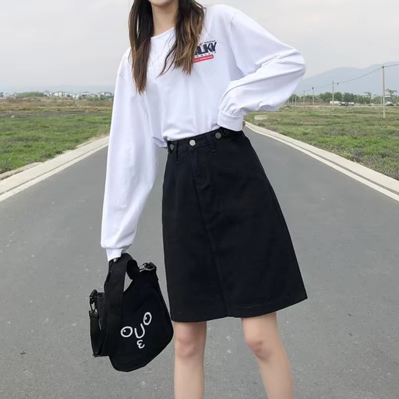 Jupe Vintage en Denim pour Femme, Vêtement de Couleur Unie, Ligne A, avec lèvent, Slim, Taille Haute