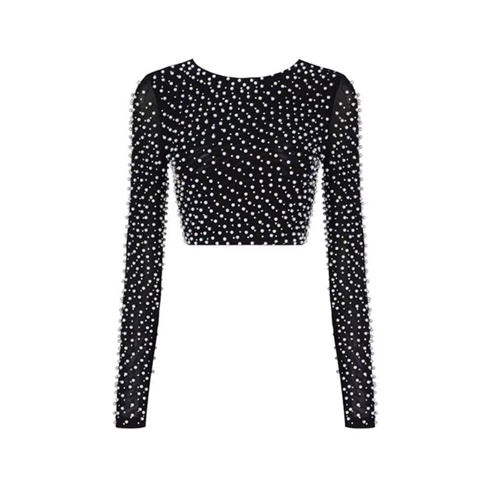 Sexy perles haut tendance femmes à manches longues vêtements Club fête Sexy maille Vintage élégant h