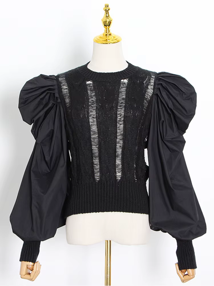 TWOTWurea YLE-Pulls coréens pour femmes, pulls patchwork, col rond, manches longues bouffantes, vête