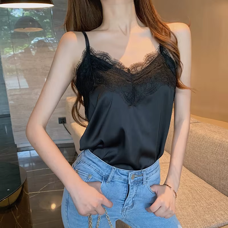 Sexy dentelle Camisole femmes soie col en v hauts été nouveau sans manches décontracté débardeurs fe