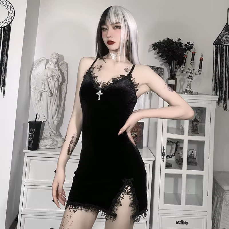Mini robe noire croisée foncée, Vintage, Sexy, bretelles Spaghetti, taille haute, fente latérale, Go